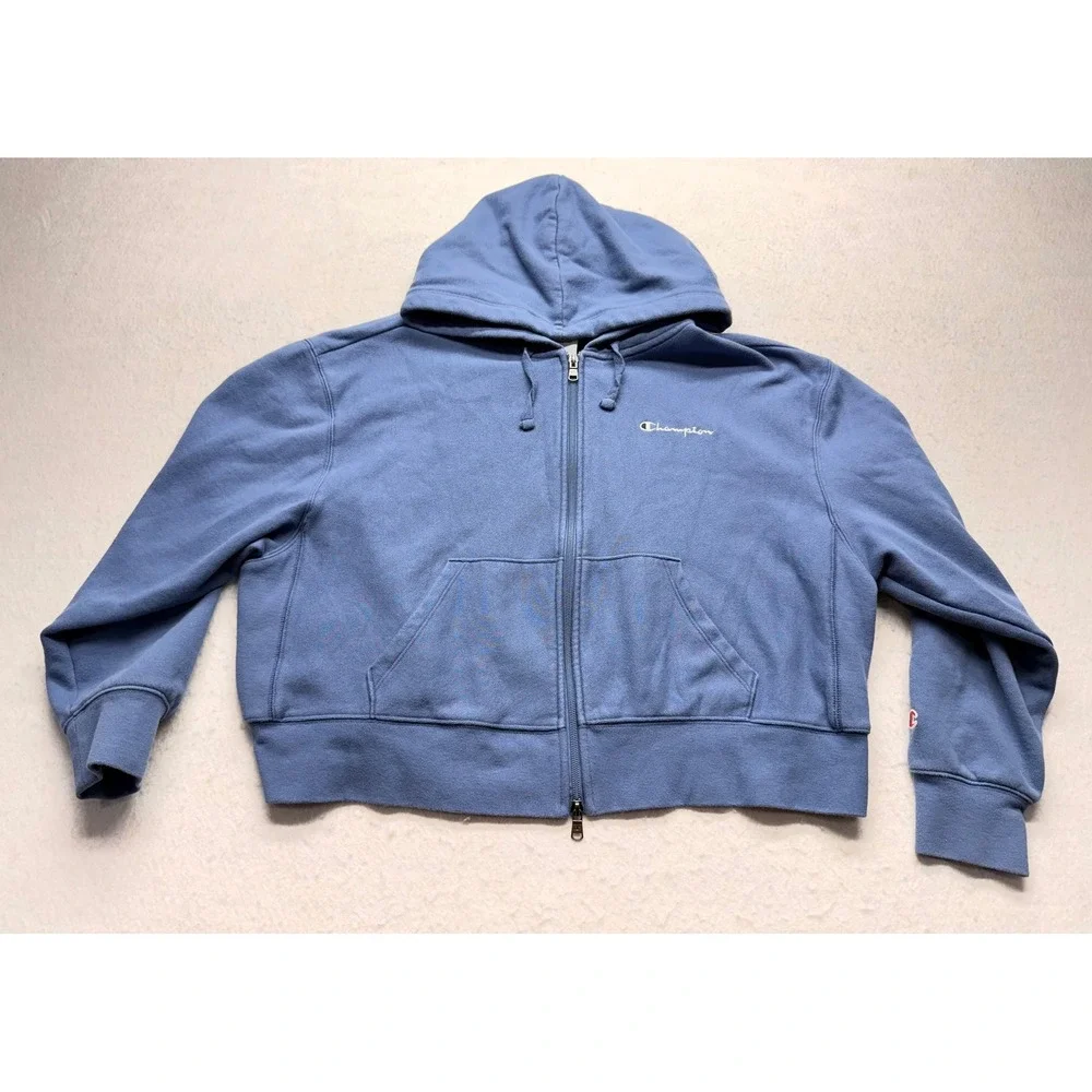 Champion USA Athletic Full Zip Cropped Hoodie Blue Fleece Sweatshirt Womens XL
